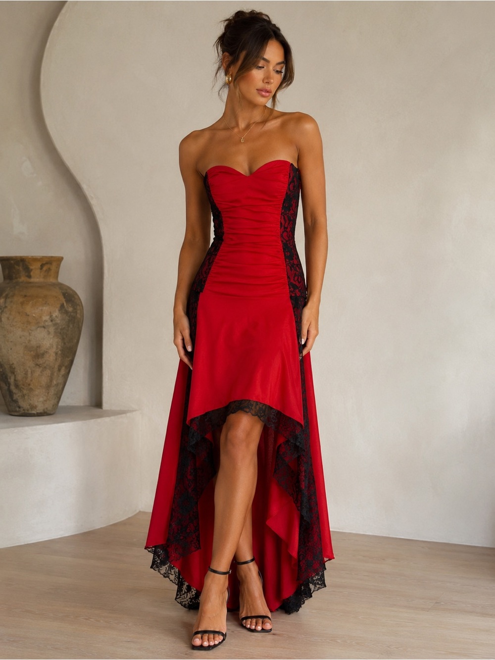 Atria Clothing Medium Red Black Lace Strapless High Low Formal Dress
